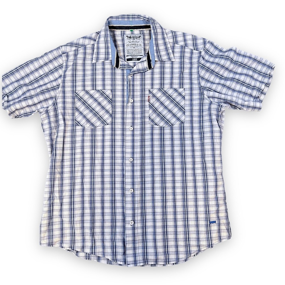 Levis Shirt Mens Large Blue Western Style Short Sleeve Plaid Two Pockets